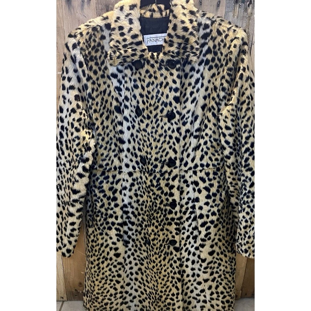 VINTAGE Panache SZ14 Faux Fur Cheetah Peacoat Glamorous Classic Knee Length